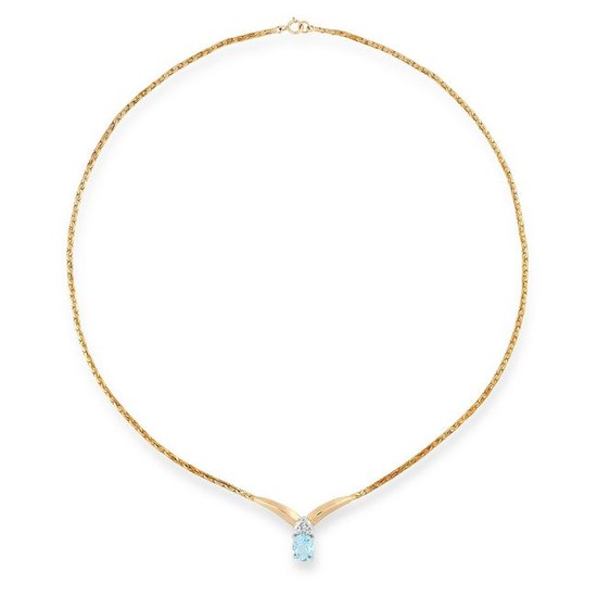 AN AQUAMARINE AND DIAMOND NECKLACE comprised of an oval