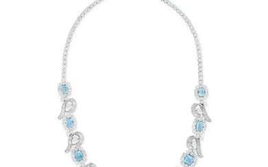 AN AQUAMARINE AND DIAMOND NECKLACE set with octago ...