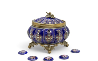 AN ENAMEL METAL MOUNTED CASKET 19th century, together with f...