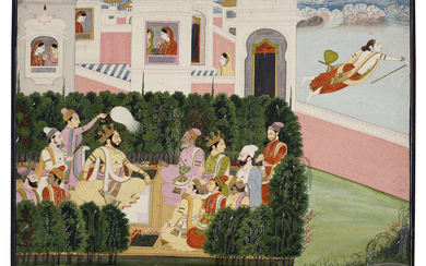 AN ILLUSTRATION FROM A HARIVAMSA SERIES: NARADA WARNS KAMSA INDIA, PUNJAB HILLS, ATTRIBUTED TO PURKU, CIRCA 1820