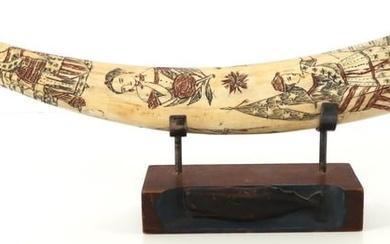 ANTIQUE WALRUS TUSK SCRIMSHAW WITH WHALE STAND