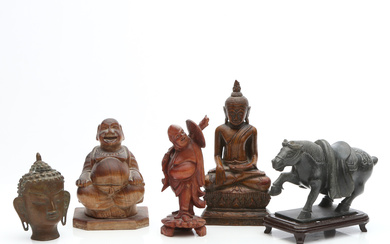 ASIAN FIGURINES, FIVE PCS. Brass, wood and mineral. Asia, 20th-century-contemporary manufacturing.