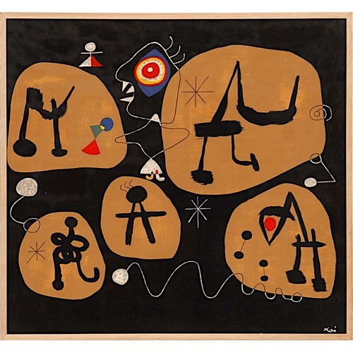 After JOAN MIRO 'Abstract', on silk, 80cm x 87cm, framed and...