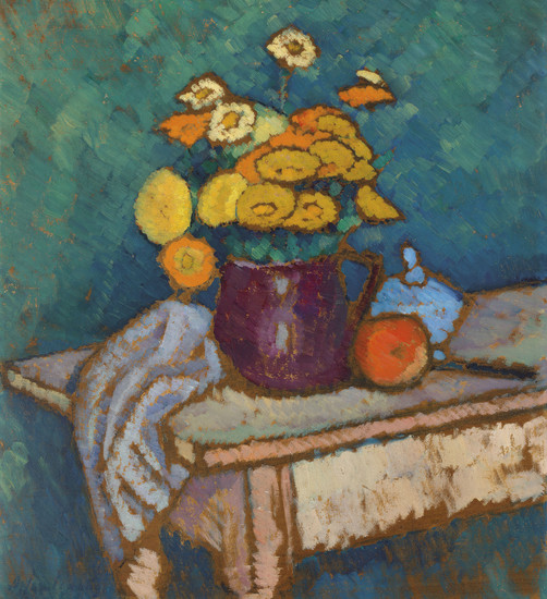 Alexej von Jawlensky (1864-1941), Stillleben mit Tuch, Blumen im Krug, Apfel und Behälter auf Tisch
