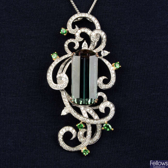 An 18ct gold bi-colour tourmaline, diamond and green garnet pendant/brooch, by Fei Liu, with chain.