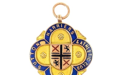 An Edwardian 9ct rose gold and enamel shield watch fob by Va...