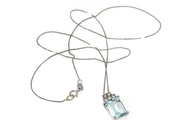 An aquamarine and diamond pendant set with an emerald-cut aquamarine weighing app....
