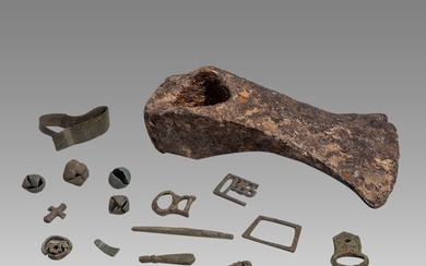Ancient Viking Iron Hoe Head & 16 Bronze Viking Artifacts (ca. 8th to 11th century CE).