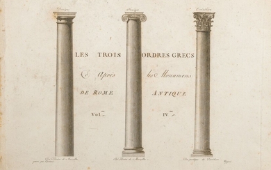 Ancient paper engraving depicting columns belonging to the three Greek orders 19th century