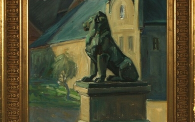 SOLD. Anna Maria Mehrn: Lion sculpture. Signed Anna Marie Mehrn 1945. Oil on canvas. Visible...