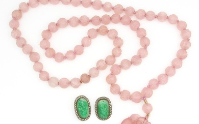 Antique Chinese Carved Jade Earrings & Rose Quartz Necklace