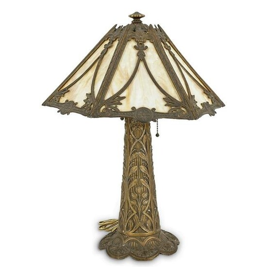 Antique Edward Miller 6-Panel Slag Table Lamp