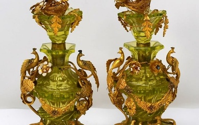 Antique French gilt brass mounted vaseline uranium glass perfume bottles