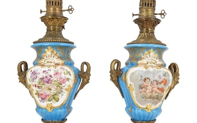 Antique Pair of French Porcelain & Bronze Lamps