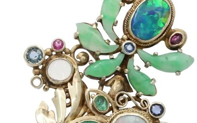 Antique Silver Art & Craft Opal & Jade Flower Brooch