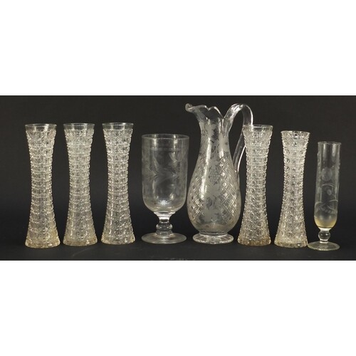 Antique glassware including etched celery vase, five hobnail...