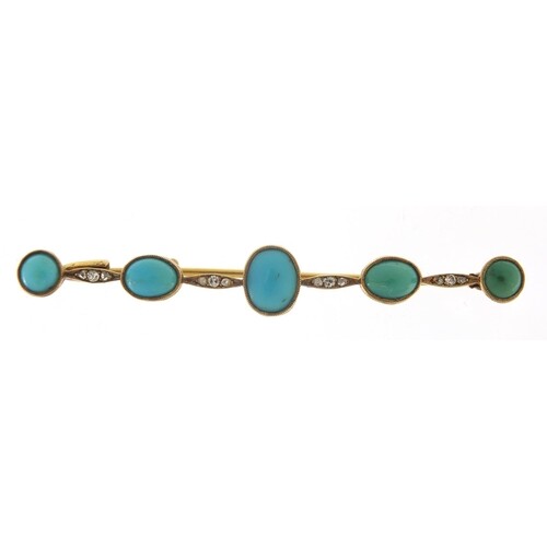 Antique unmarked gold cabochon turquoise and diamond bar bro...