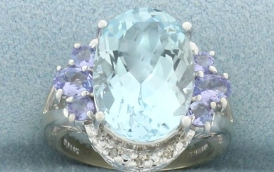Aquamarine, Tanzanite, and Diamond Ring in 14k White Gold