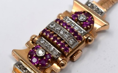Art Deco Omega 14k Rose Gold, Rubies & Diamond Wristwatch / bracelet
