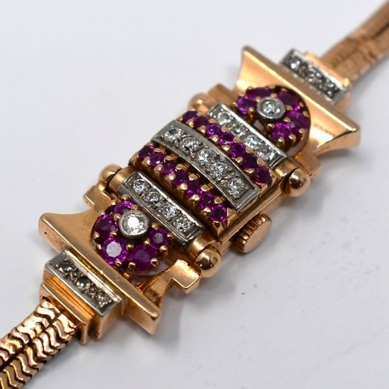 Art Deco Omega 14k Rose Gold, Rubies & Diamond Wristwatch / bracelet