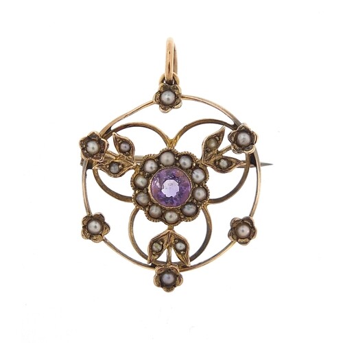 Art Nouveau unmarked gold amethyst and seed pearl brooch pen...