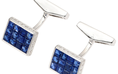 Assil Sapphire, Diamond, White Gold Cuff Links Stones: Square-shaped...