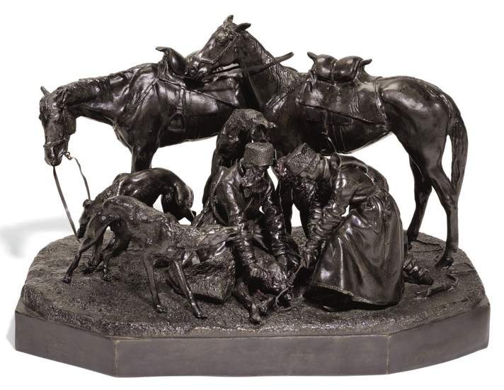 BINDING THE WOLF: A BRONZE FIGURAL GROUP, CAST BY WOERFFEL, ST PETERSBURG, AFTER THE MODEL BY NIKOLAI LIEBERICH (1828-1883), 1884