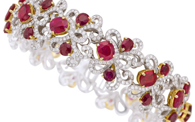Burma Ruby, Diamond, Gold Bracelet Stones: Cushion, oval and...