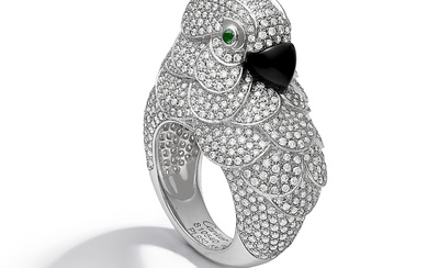CARTIER DIAMOND, ONYX AND EMERALD 'PARROT' RING