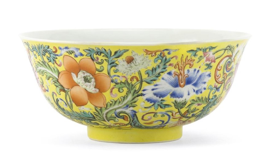 CHINESE IMPERIAL PORCELAIN BOWL In bell form. Exterior with fine floral design on a yellow ground. Interior with five-bat design. Si...