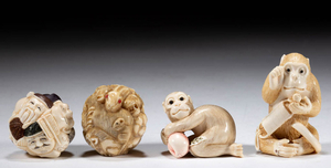 CHINESE / JAPANESE CARVED BONE FIGURAL NETSUKE, LOT OF FOUR