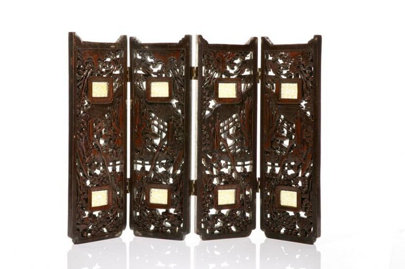CHINESE WOOD SCREEN WITH JADE PLAQUES
