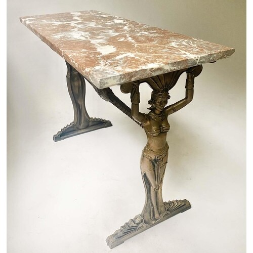 CONSOLE TABLE, rectangular variegated marble top, on Egyptia...