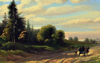 Carl August Lebschée, 1800-1877, landscape with tree-lined dirt road, carriage...