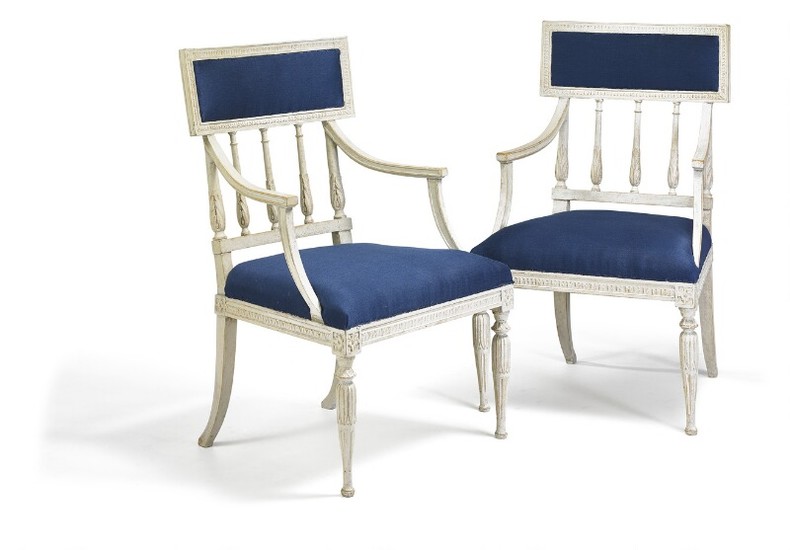 Carl Johan Wadström: A pair of Gustavian painted armchairs. Stamped 'CIWS' and Stockholm hallmark. Late 18th century. (2)