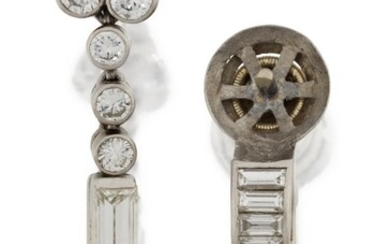 Cartier, A diamond single earring mount, and a diamond drop single earring, the earring mount with main stone deficient, to baguette diamond surmount, signed Cartier Paris, numbered 0659, French assay marks, length 1cm; the other single earring...