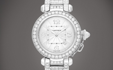 Cartier Pasha, Reference 2398 | A white gold and diamond-set wristwatch with date and bracelet, Circa 2000 | 卡地亞 | PASHA 型號2398 | 白金鑲鑽石鏈帶腕錶，備日期顯示，約2000年製
