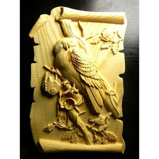 Carved Falcon, Falconry Hunting Scrolled Wooden Plaque