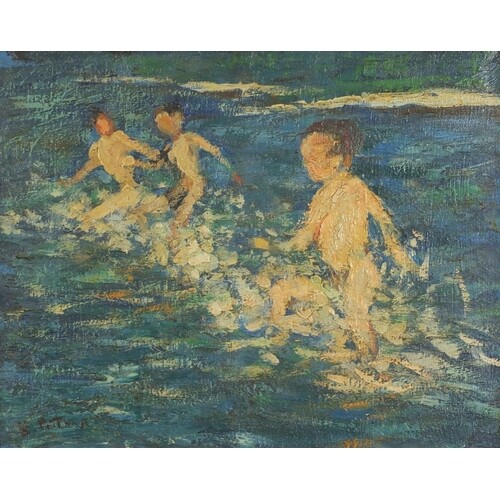 Children playing in water, Post-Impressionist oil on canvas,...