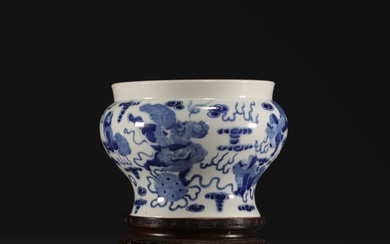 China - A blue-white porcelain vase decorated with lions, Kangxi...