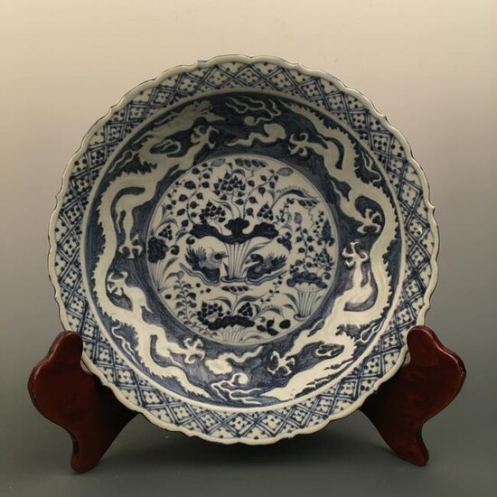 Chinese Blue-White 'Lotus & Dragon' Dish