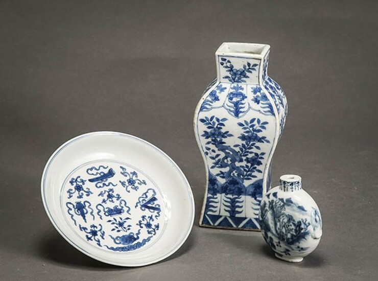 Chinese Blue and White Dish, a Square Vase and a Snuff Bottle 18th-19th Century