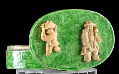 Chinese Enameled Copper Snuff Box w/ Ivory Figures