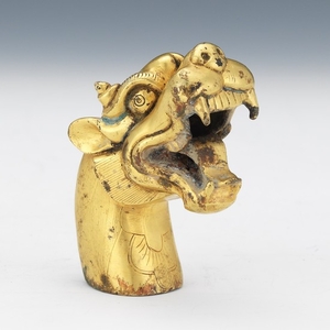 Chinese Gilt Bronze Lion Head Terminal, Western Han Style
