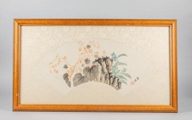 Chinese Old Water Color Fan Painting with Frame
