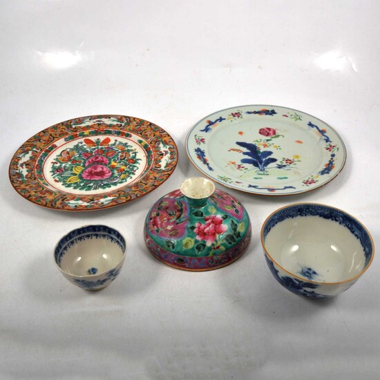Chinese famille rose plate, another plate, two tea bowls, and a footed dish