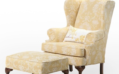 Chippendale Style Custom-Slipcovered Wingback Armchair with Ottoman