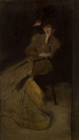 Circle of James McNeill Whistler, American / British 1834-1903- Femme au chapeau; oil on canvas, 81.3 x 45.7 cm. Provenance: Private Collection (by descent). Exhibited: London, Colnaghi & The Clarendon Gallery, 'Society Portraits 1850-1939', 1985...