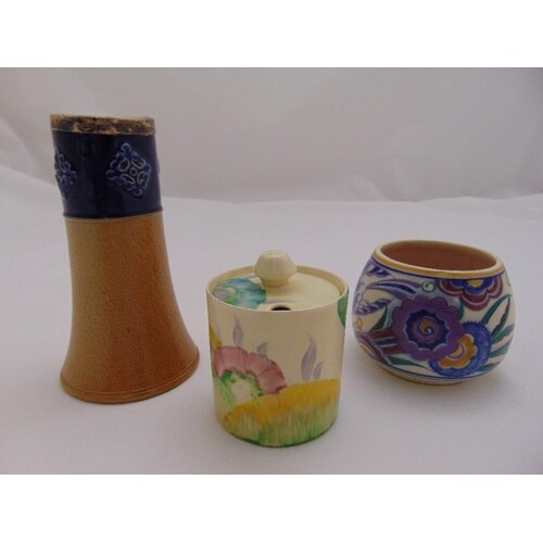 Clarice Cliff Bizarre honey pot A/F, Doulton vase with silve...