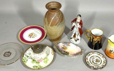 Collection of assorted items Including a pottery vase, Austrian Imperial porcelain cup, Czechoslovakian pitcher, saucers, plates, porcelain figure of a man stamped Occupied Japan, and a Noritake bowl.